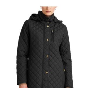 Lauren Ralph Lauren Quilted Hooded Coat Color: Black, Size: X-Large